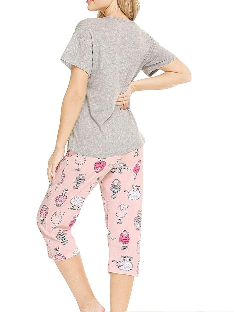CHUNG Women Cotton Pajamas Set Short Sleeve Top Capri Pants Sleepwear Plus Size,Grey Sheep,3XL - Image 2